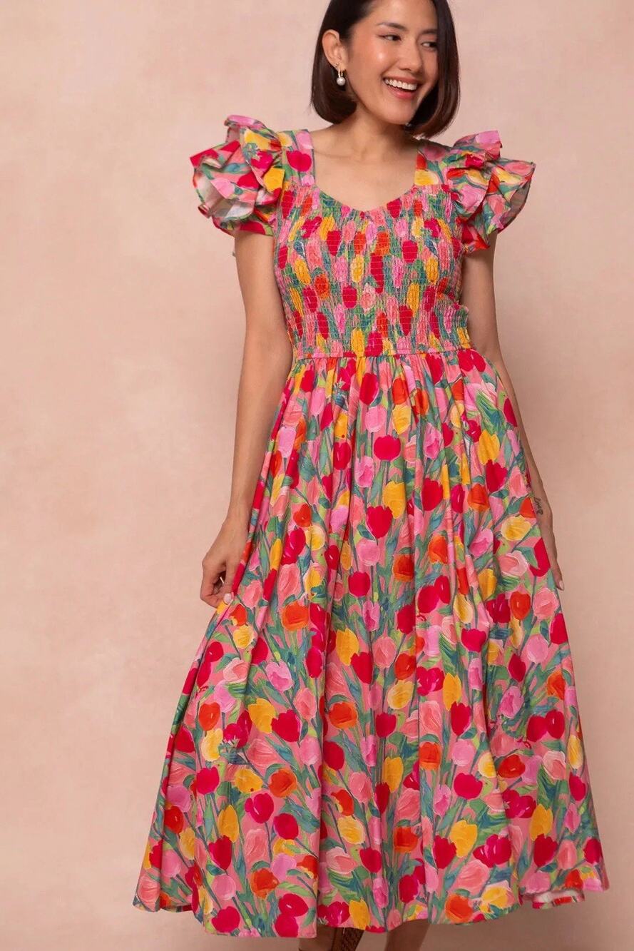 HATTIE Dress Ivy City Co. Tulips 100% Cotton Pink Red Smocked Peasant M Midi